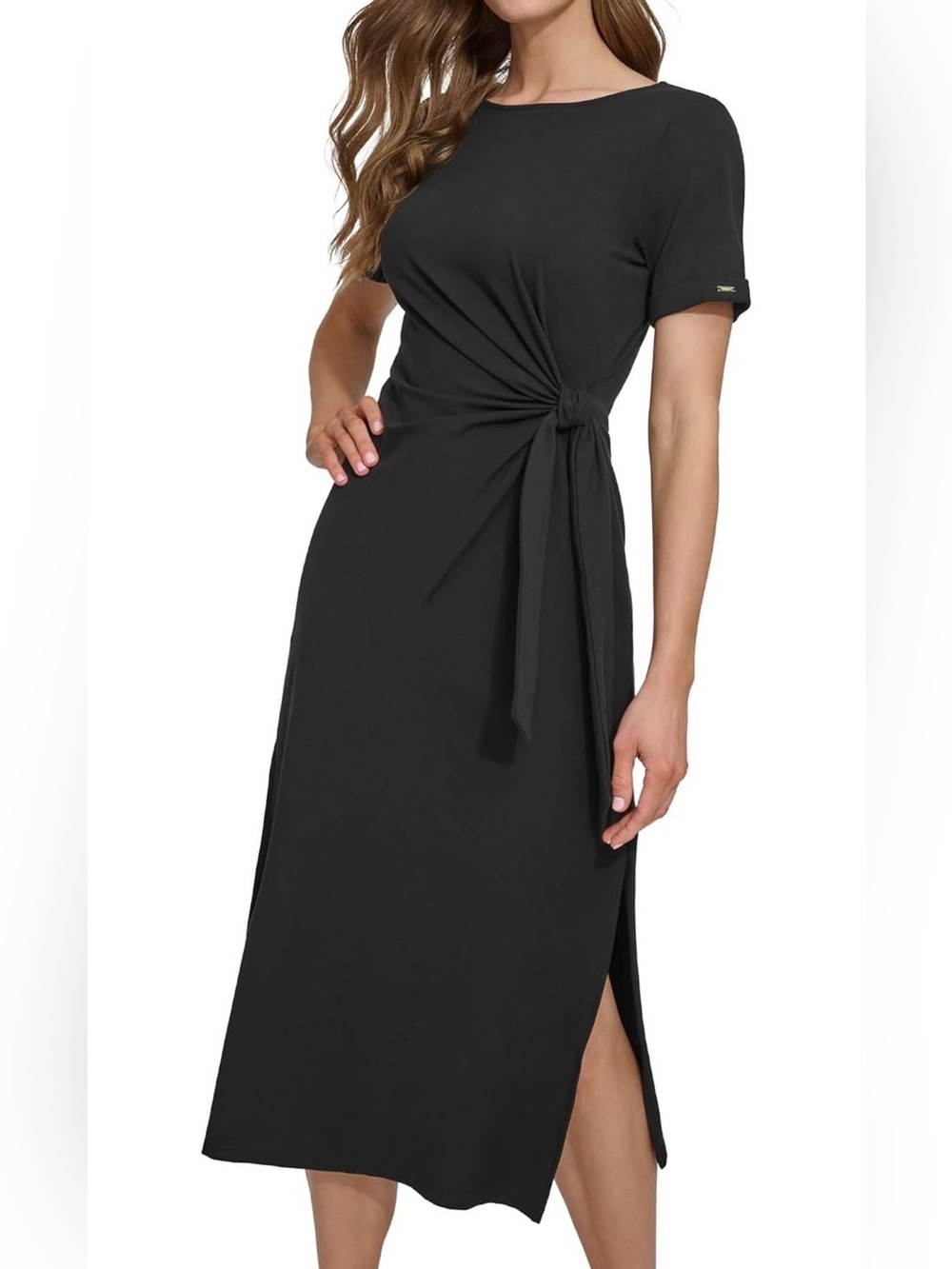 DKNY Black Boat Neck Cinched Side-Tie Short Sleeve T-Shirt Midi Dress L